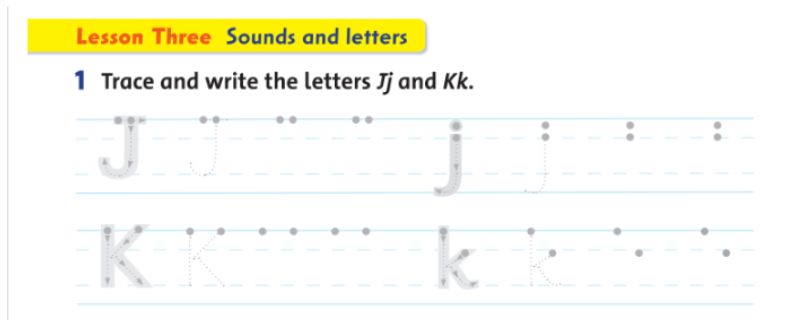 Trace and write the letter Jj and Kk - Lesson 3. (Ảnh: Chụp màn hình SGK)