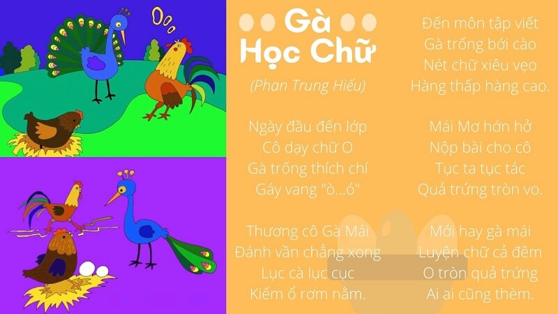 Hình ảnh bài thơ Gà Học Chữ bố mẹ có thể đọc mẫu bài thơ cho bé học. (Ảnh: Sưu tầm internet)