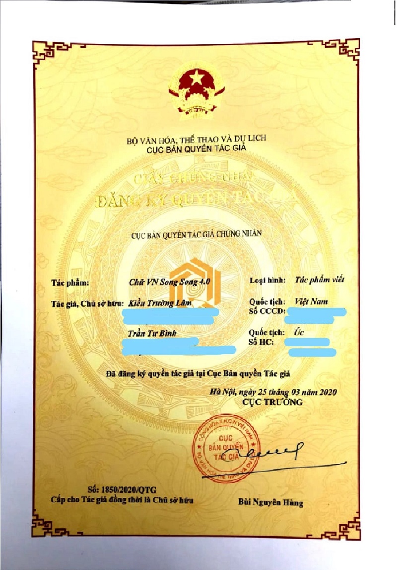 Giấy chứng nhận bản quyền "Chữ VN song song 4.0". (Ảnh: Sưu tầm Internet)