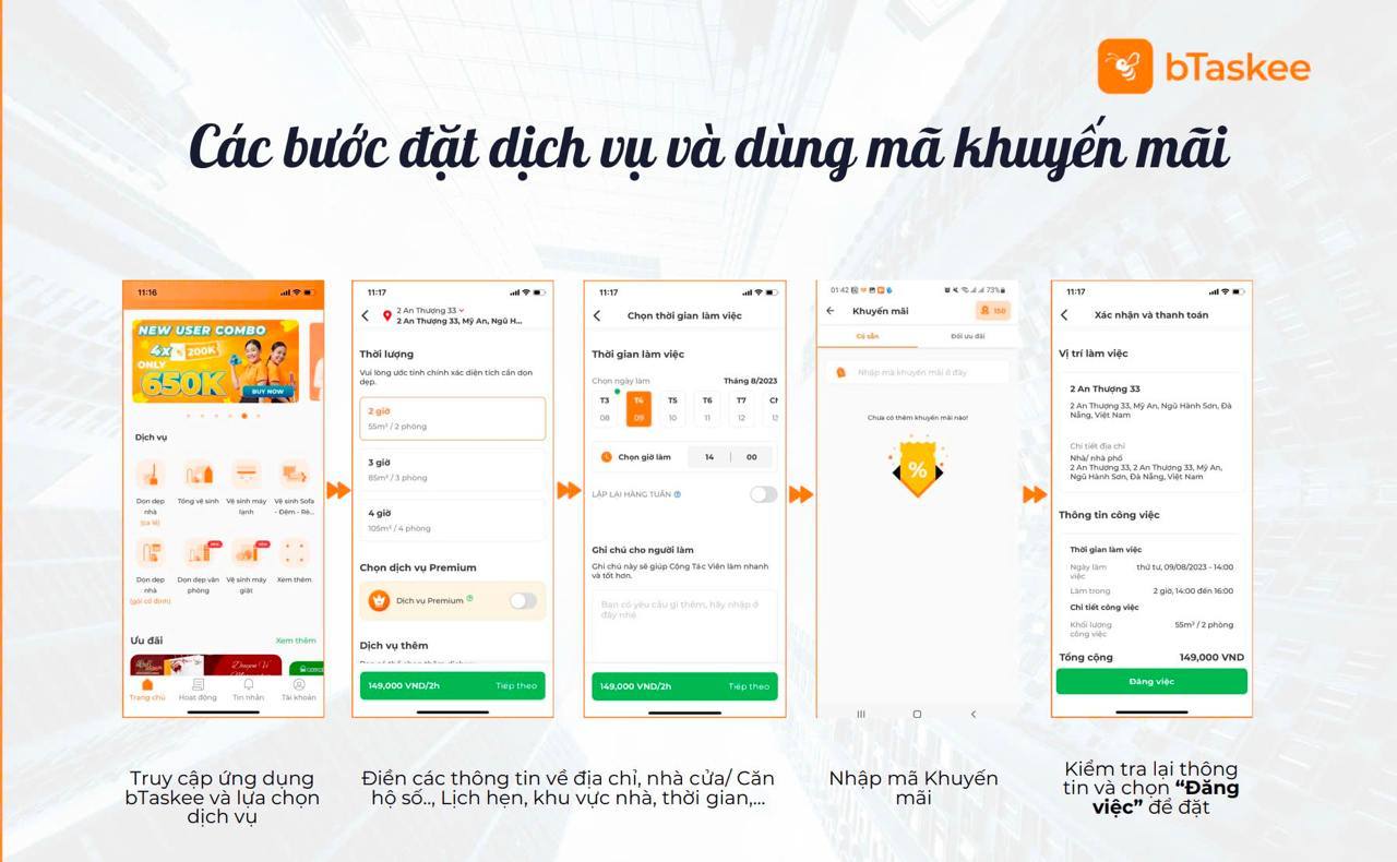 Các bước đặt dịch vụ bTaskee và sử dụng mã khuyến mãi. (Ảnh: bTaskee)
