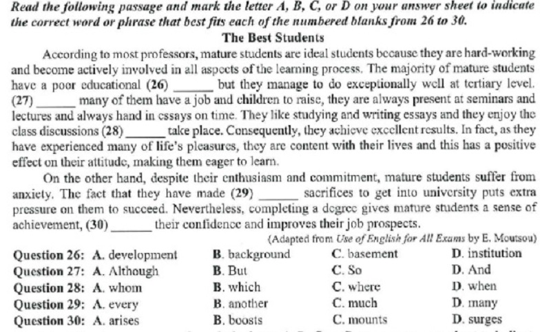 Ví dụ về hoàn thành đoạn văn trong đề thi THPT môn tiếng Anh. (Ảnh: Sưu tầm internet)