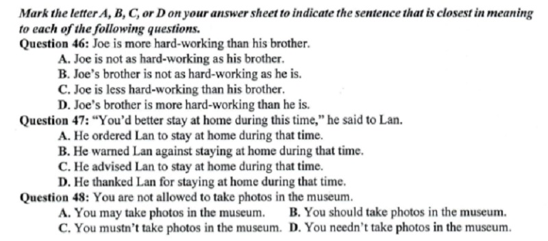 Ví dụ về Dạng bài viết lại câu và kết hợp câu trong đề thi tiếng Anh. (Ảnh: Sưu tầm internet)