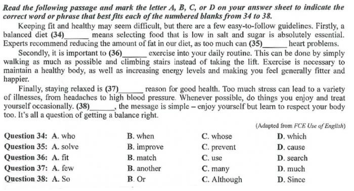 Dạng bài tập hoàn thành đoạn văn trong đề thi tiếng Anh THPT. (ảnh: Sưu tầm internet)