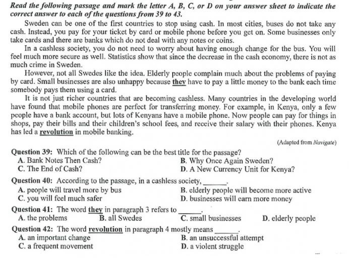 Dạng câu hỏi đọc hiểu trong đề thi tiếng Anh THPT. (ảnh: Sưu tầm internet)