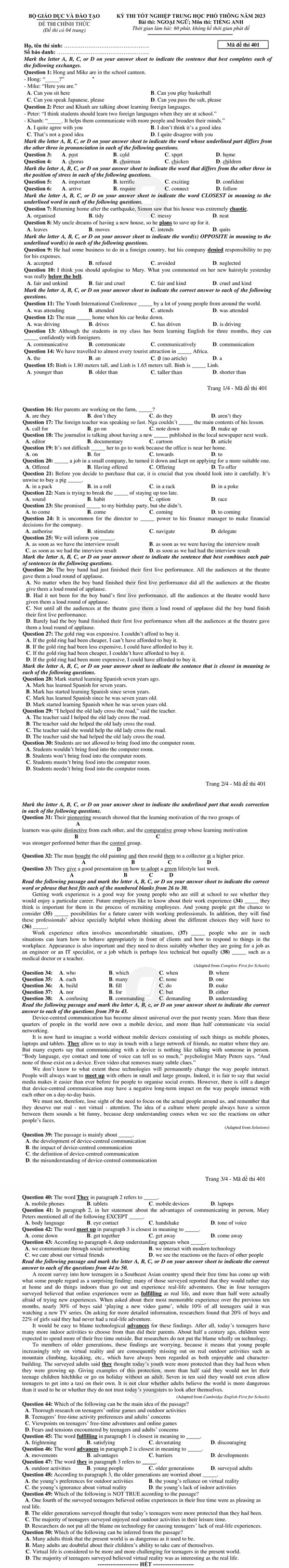 Đề thi tốt nghiệp THPT Quốc Gia môn tiếng Anh năm 2023. (Ảnh: Sưu tầm internet)