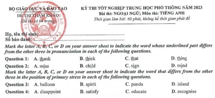 Dạng câu hỏi về ngữ âm kỳ thi THPT môn tiếng Anh tham khảo. (Ảnh: Sưu tầm internet)
