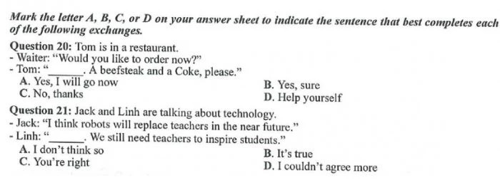 Dạng bài hoàn thành hội thoại trong đề thi tham khảo. (Ảnh: Sưu tầm internet)