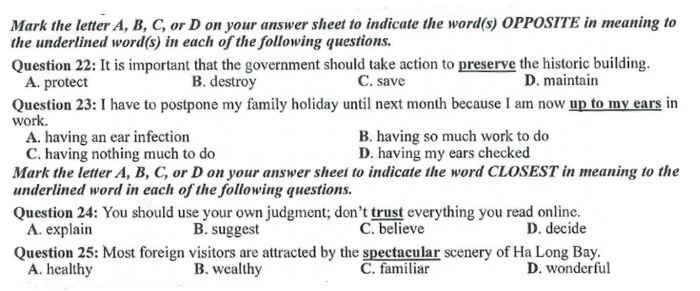 Dạng bài tìm từ đồng nghĩa.trái nghĩa trong đề thi THPT Quốc Gia môn tiếng Anh tham khảo. (ảnh: Sưu tầm internet)