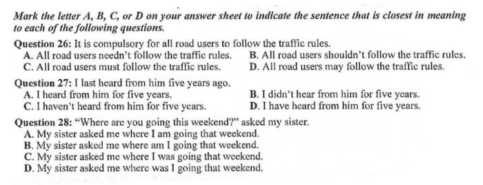 Dạng câu hỏi tìm câu đồng nghĩa trong đề thi tham khảo. (ảnh: Sưu tầm internet)