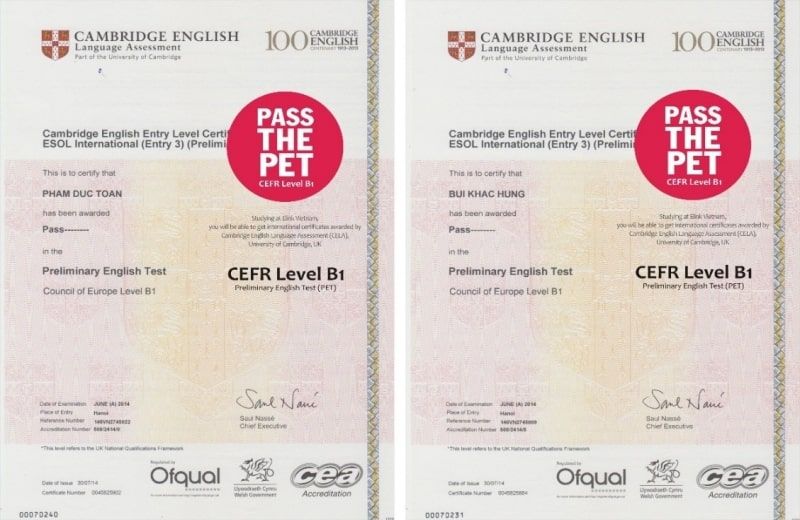 Hình ảnh chứng chỉ PET (Ảnh: Sưu tầm internet)