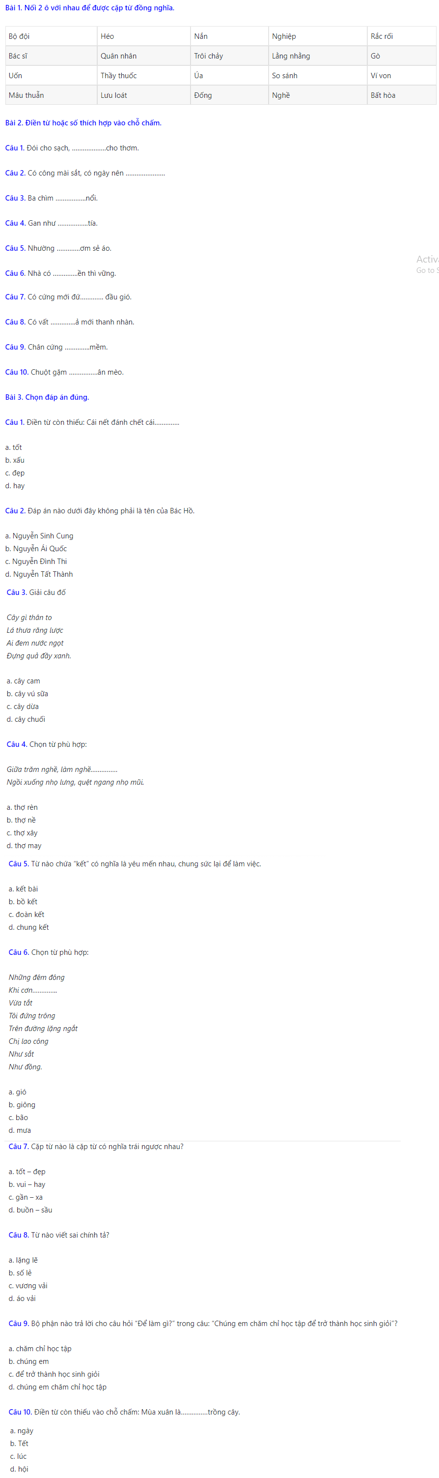Đề thi trạng nguyên tiếng Việt lớp 2 tham khảo. (Ảnh: Sưu tầm Internet)