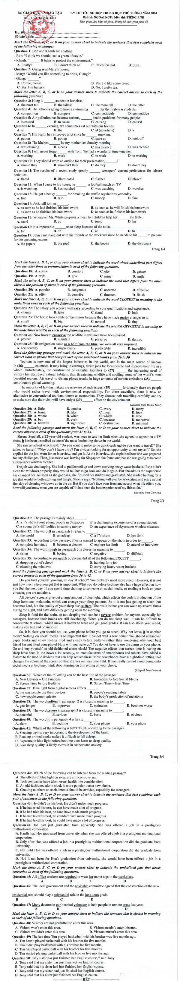 Đề thi thử môn tiếng Anh kỳ thi THPT Quốc Gia 2024 tham khảo. (Ảnh: Sưu tầm internet)
