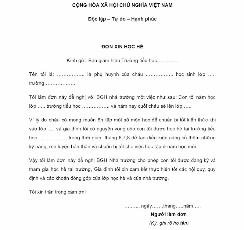 Mẫu đơn xin học hè cho trẻ mẫu giáo. (Ảnh: Internet)