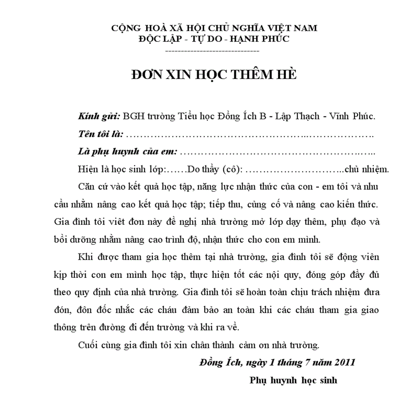 Các thông tin quan trọng trong đơn xin học hè. (Ảnh: Internet)