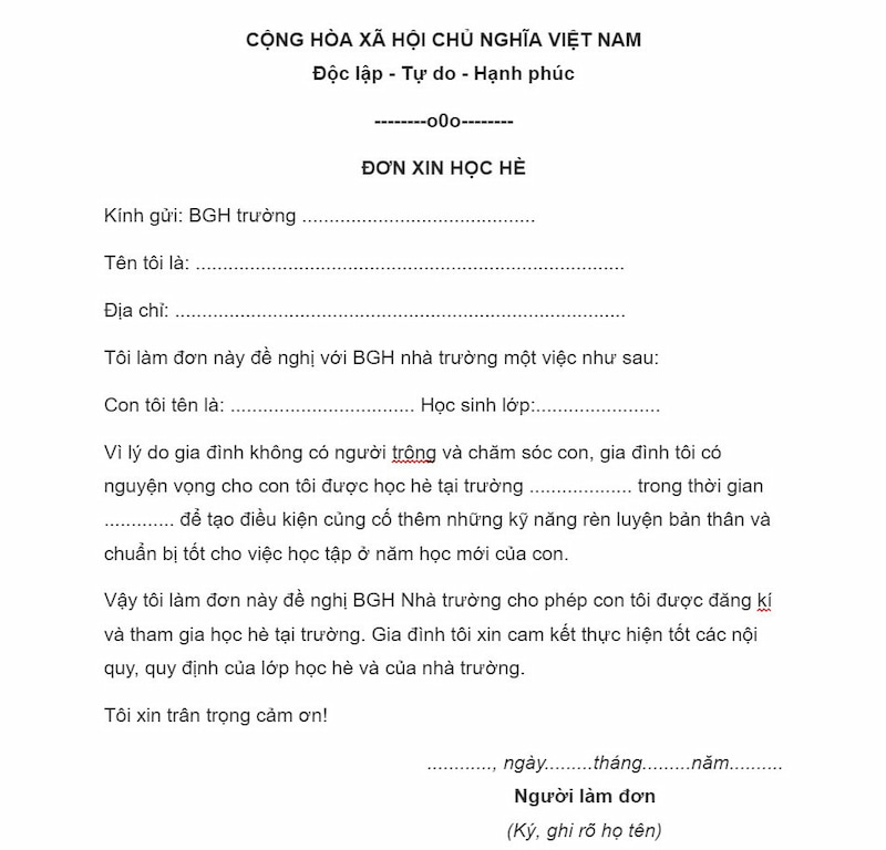 Mẫu đơn xin học hè cho trẻ tiểu học. (Ảnh: Internet)