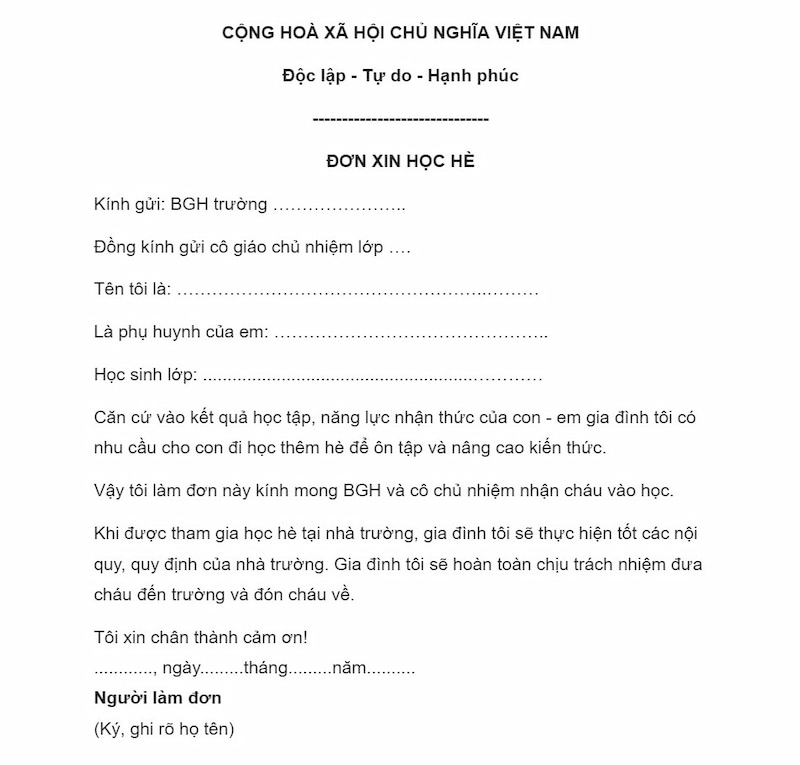 Mẫu đơn xin học hè cho học sinh THCS. (Ảnh: Internet)