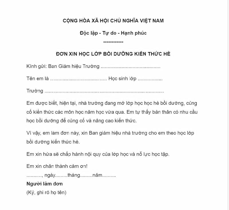 Mẫu đơn xin học hè cho học sinh THPT. (Ảnh: Internet)