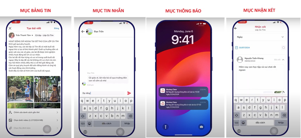 Các tính năng giao tiếp giữa nhà trường và phụ huynh trên Monkey Class (Ảnh: Monkey)