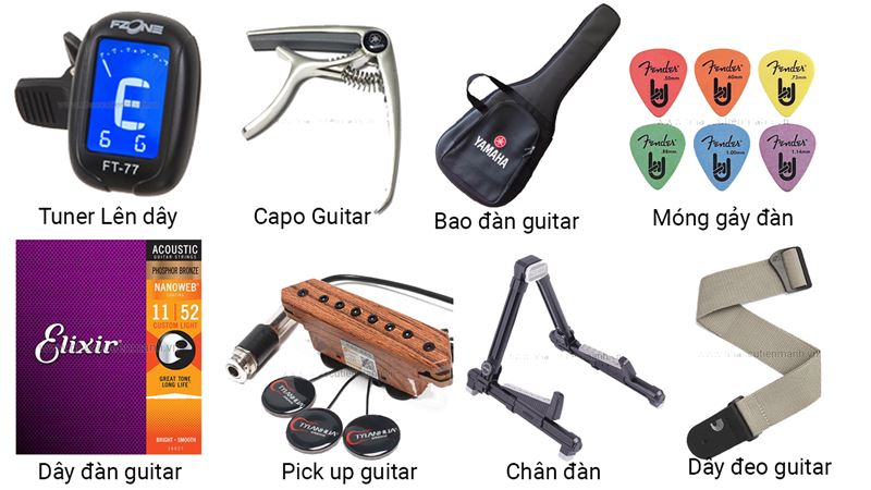 Các loại phụ kiện kèm đàn guitar. (Ảnh: Internet)