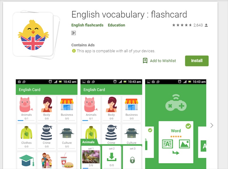 Ứng dụng học từ vựng tiếng Anh thú vị English Flashcards. (Ảnh: Internet)