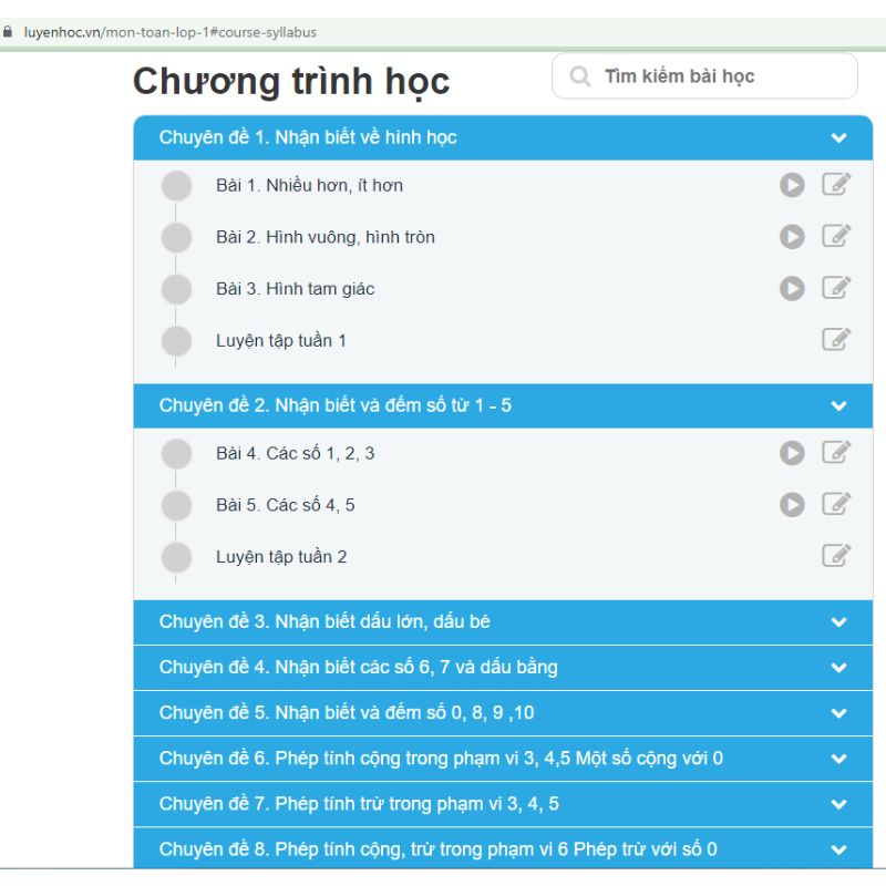 Chương trình học Toán lớp 1 tại luyenhoc.vn. (Ảnh: Chụp màn hình luyenhoc.vn)