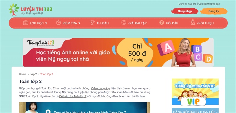 Website học toán lớp 2 - Luyenthi123. (Ảnh: Luyenthi123)