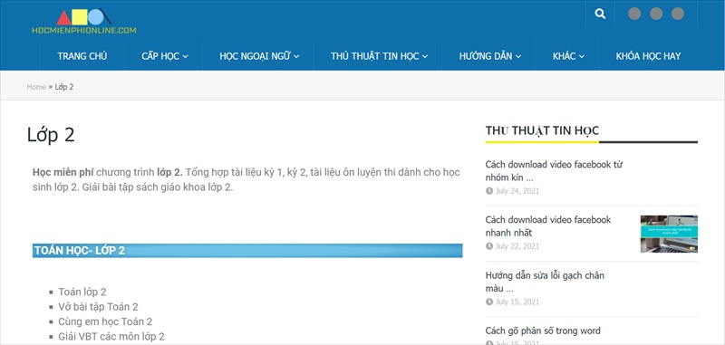 Kênh học toán lớp 2 trực tuyến - Hocmienphionline.com. (Ảnh: Hocmienphionline.com)