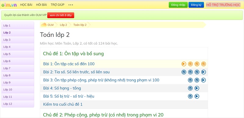 Đa dạng bài học toán lớp 2 tại Olm.vn. (Ảnh: Olm.vn)