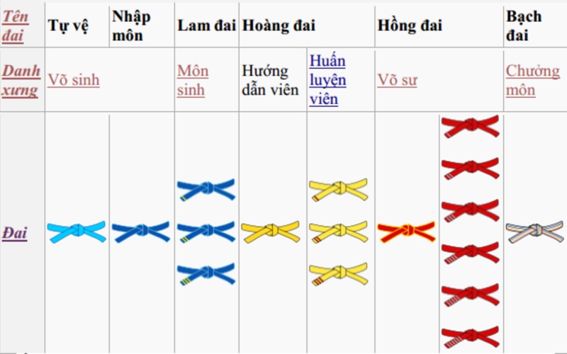 Hệ thống đai trong võ Vovinam. (Ảnh: Sưu tầm internet)