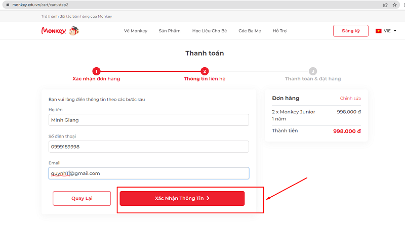 Xác nhận thông tin thanh toán mua Monkey Junior. (Ảnh: Chụp màn hình)