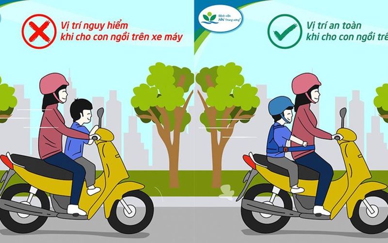 Dạy con an toàn tham gia giao thông bằng xe máy ô tô cùng người lớn. (Ảnh: Internet)