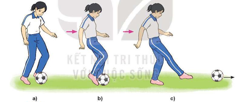 Cách đá bóng nằm tại chỗ bằng mu giữa bàn chân. (Ảnh: SGK GDTC 10)