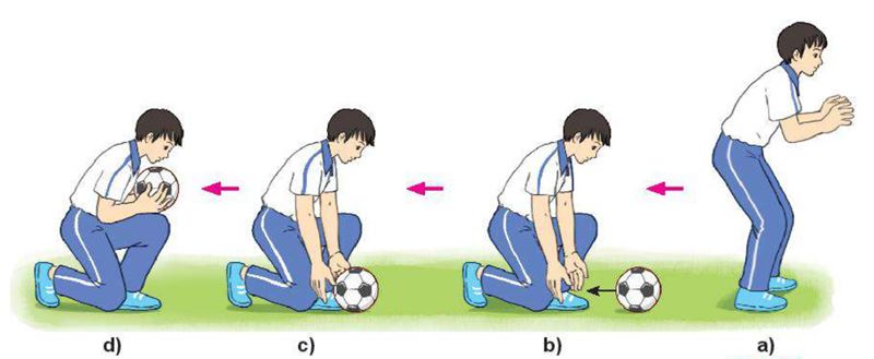 Kỹ thuật bắt bóng xoáy bằng cách quỳ 1 chân. (Ảnh: SGK GDTC 10)