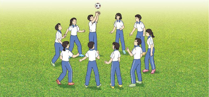 Luyện tập bắt bóng theo nhóm. (Ảnh: SGK GDTC 10)