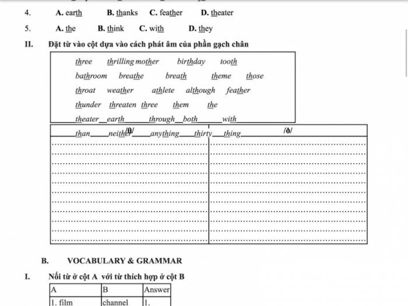 Luyện nghe bằng bài nghe, điền từ phát âm giống nhau vào đúng cột. (Ảnh: Sưu tầm Internet)