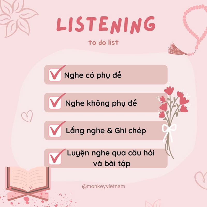 Các bước luyện nghe hiệu quả. (Ảnh: Internet)