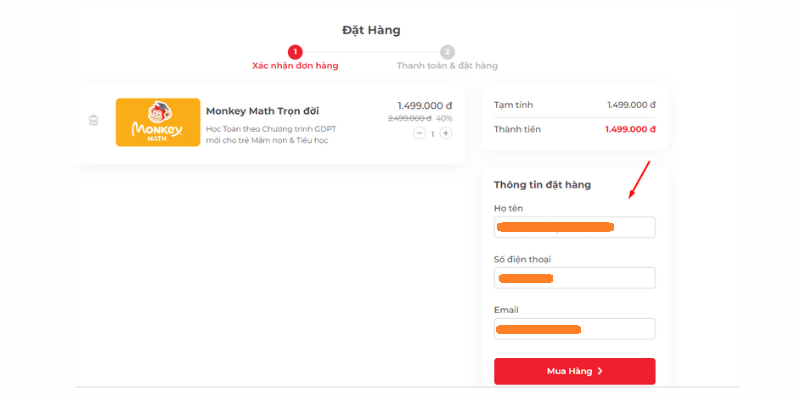 Xác nhận đơn hàng mua Monkey Math trọn đời. (Ảnh: Chụp màn hình)