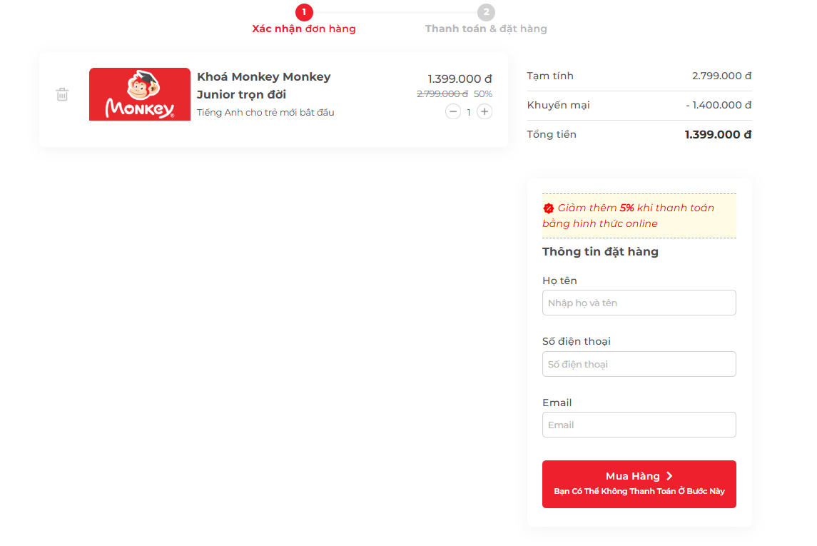 Bước đặt hàng mua khóa học Monkey Junior