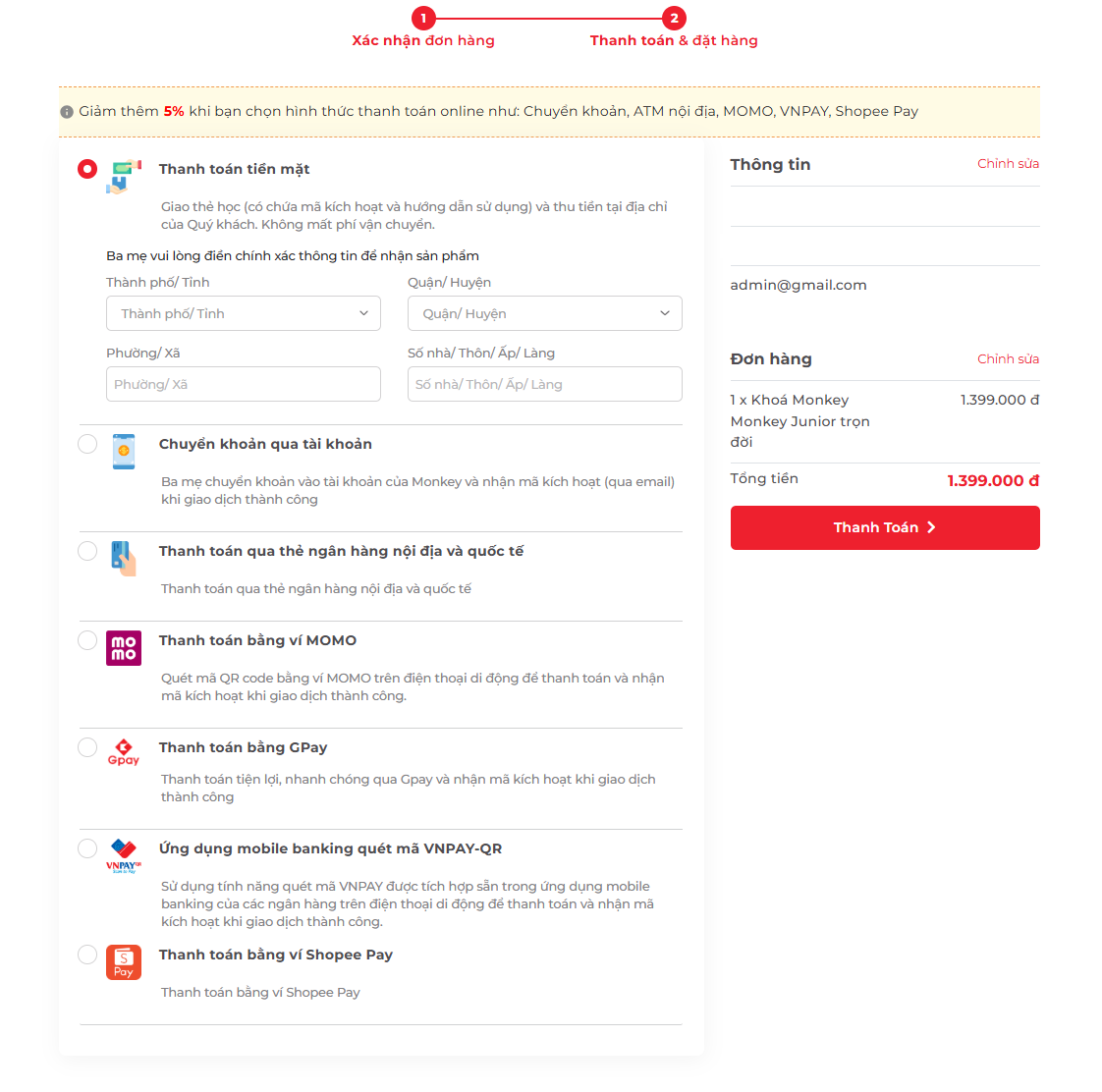 Bước thanh toán & đặt hàng mua khóa học Monkey Junior với gói học Trọn Đời