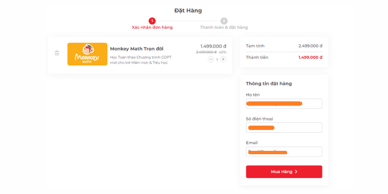 Xác nhận thông tin mua Monkey Math. (Ảnh: Chụp màn hình)