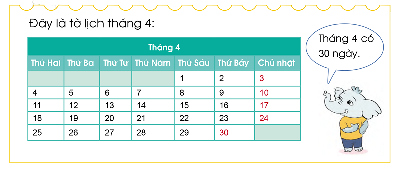 Minh họa tờ lịch tháng 4. (Ảnh: SGK Cánh Diều)