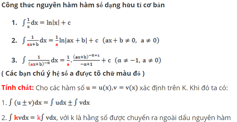 Công thức nguyên hàm hàm số hữu tỉ. (Nguồn: hoctap24h.vn)