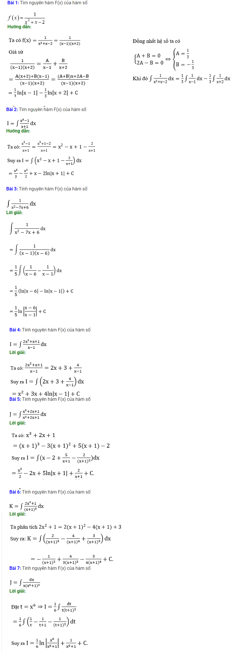 Tổng hợp một số bài tập tìm nguyên hàm hàm số hữu tỉ cơ bản. (Nguồn: Haylamdo)