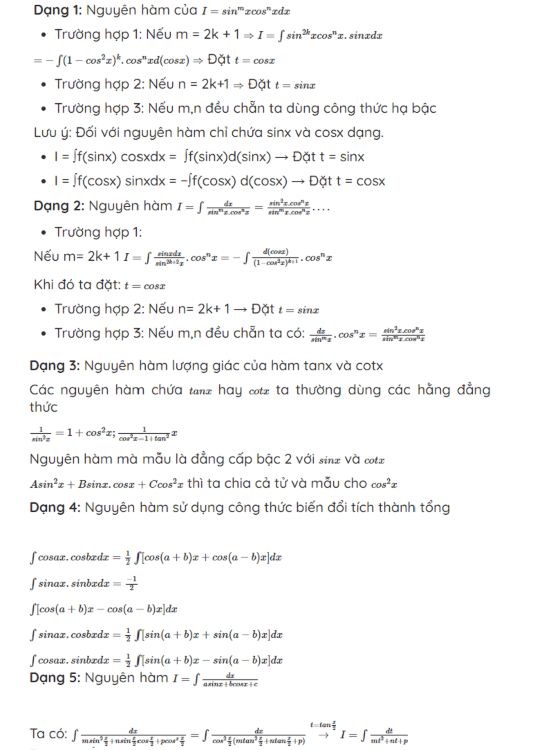Các dạng bài tập nguyên hàm lượng giác thường gặp. (Ảnh: Vuihoc.vn)