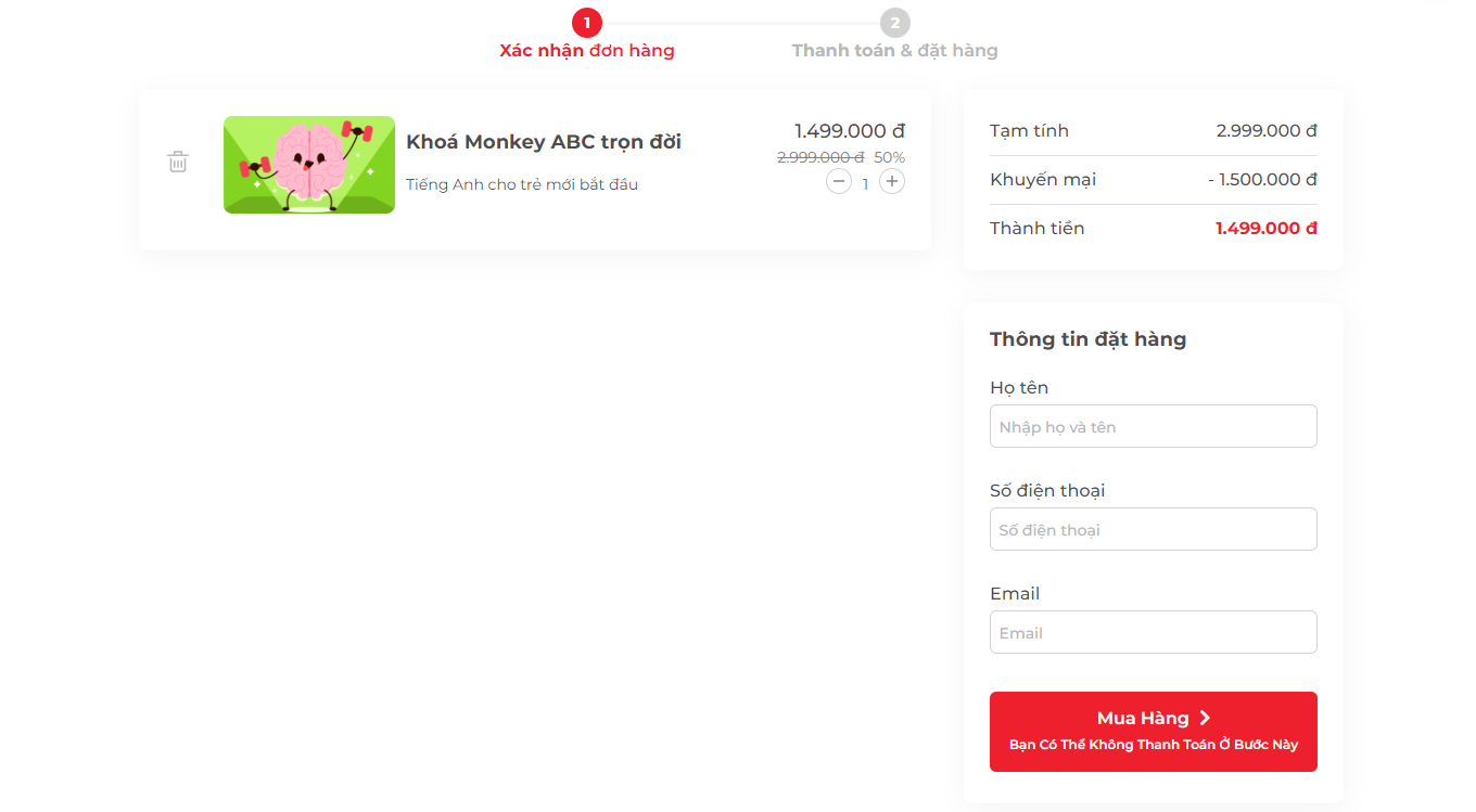 Bước đặt hàng mua khóa học Monkey ACB (thuộc Monkey Junior) với gói học Trọn Đời