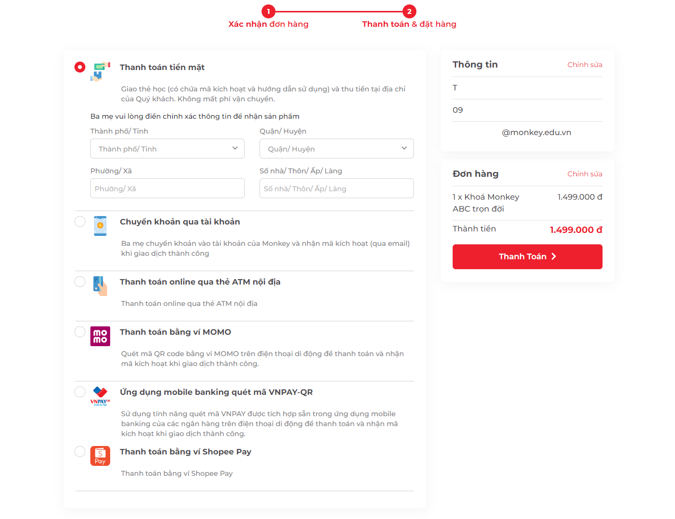 Bước thanh toán & đặt hàng mua khóa học Monkey ACB (thuộc Monkey Junior) với gói học Trọn Đời
