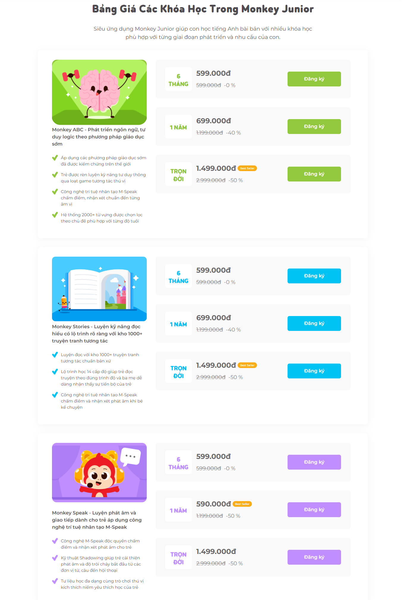 Bảng Giá Các Khóa Học Trong Monkey Junior