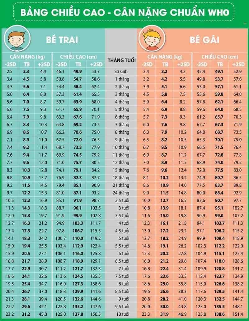 Bảng chiều cao cân nặng chuẩn của bé. (Ảnh: Internet)