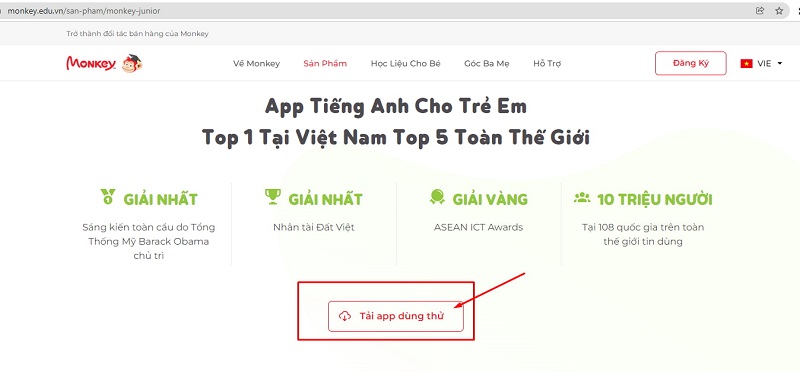 Bấm "Tải app d&ugrave;ng thử" Monkey Junior. (Ảnh: Chụp m&agrave;n h&igrave;nh)