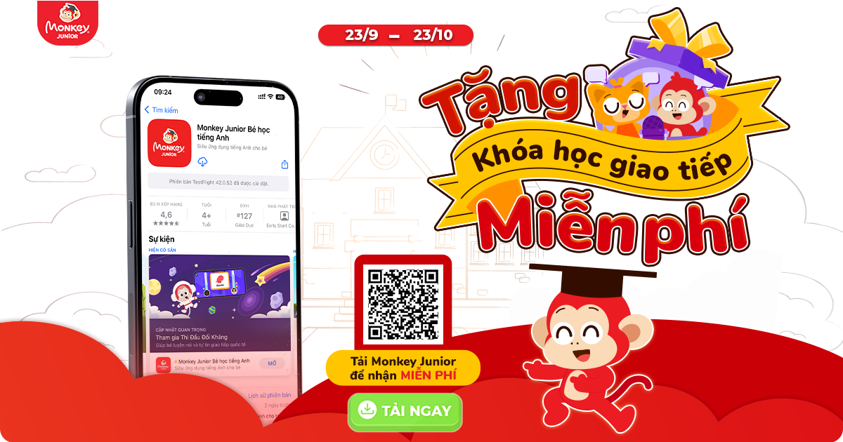 Monkey Junior tặng miễn phí 1 năm Khóa học Giao Tiếp Monkey Speak cho khách hàng tải App từ ngày 23/09/24 đến ngày 23/10/24